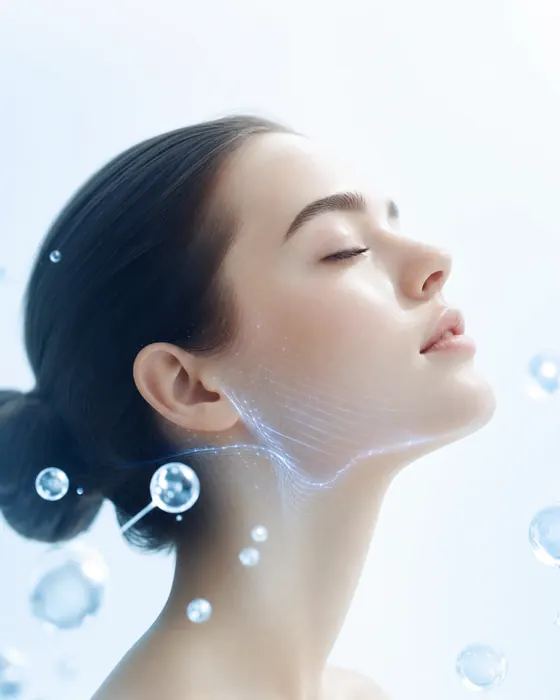 Conceptual profile with closed eyes and fine pale blue light lines on a white background